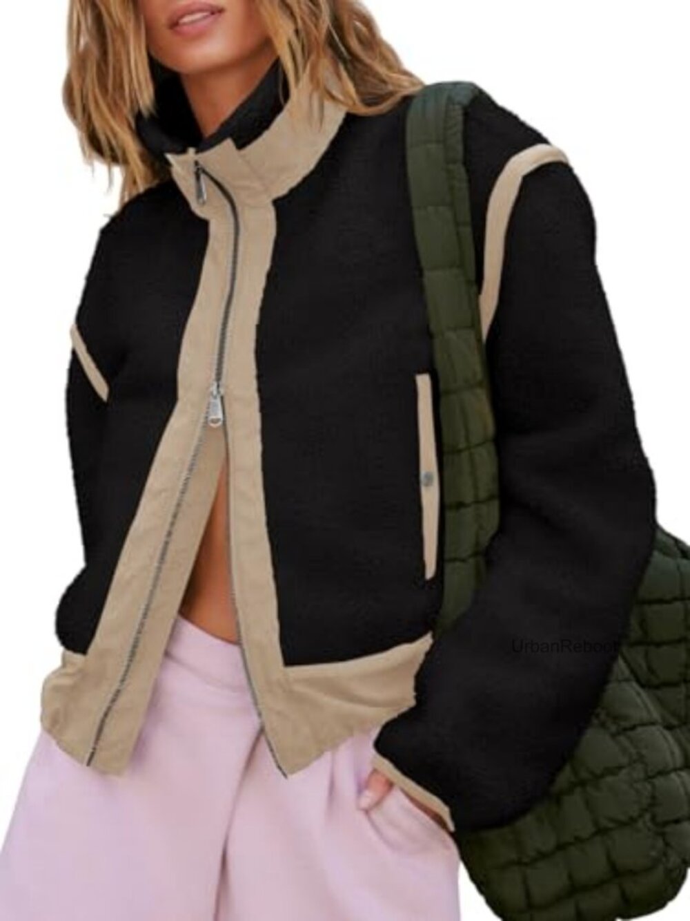 Womens Cropped Sherpa Fleece Jacket Zip Up Teddy Coat Winter Outerwear